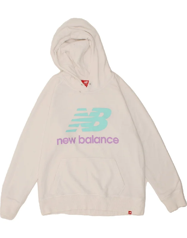 NEW BALANCE Womens Graphic Hoodie Jumper UK 14 Medium White Cotton