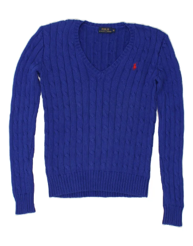 RALPH LAUREN Womens V-Neck Jumper Sweater UK 6 XS Blue Cotton