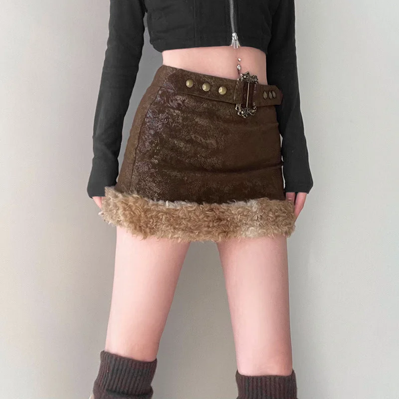 Mini Brown Leather Fur Skirt