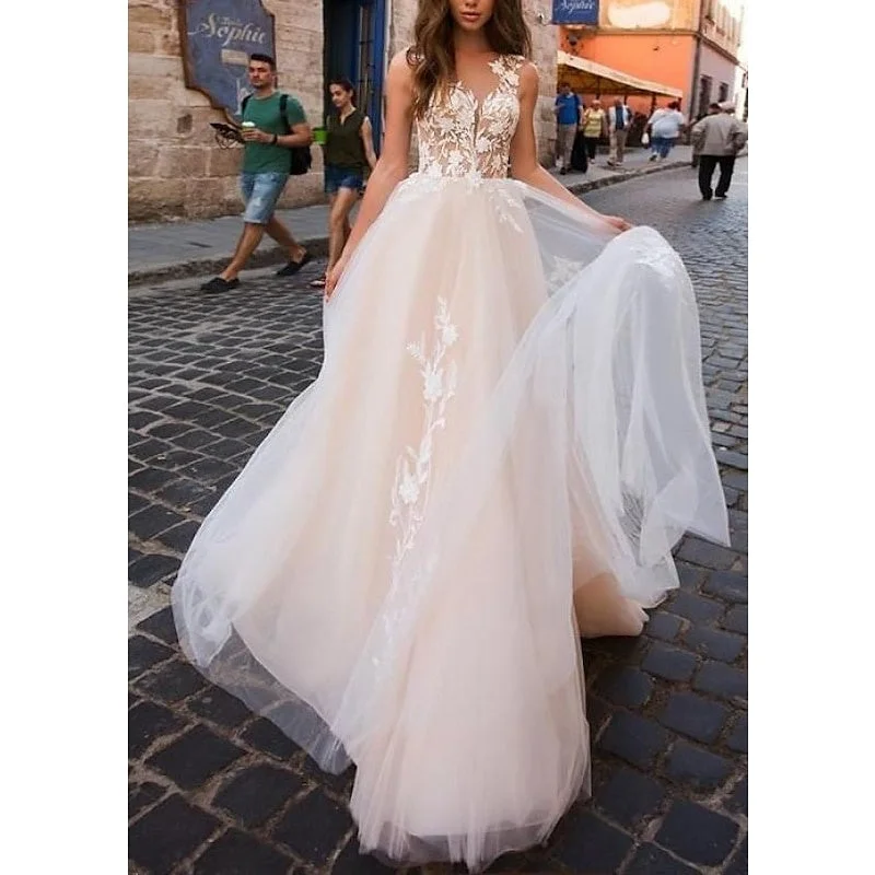 A-Line/Princess Beach Wedding Dress V Neck Sleeveless with Appliques