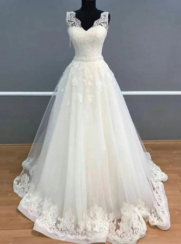 A Line V Neck Ivory Tulle Long Wedding Dresses with Appliques OW619