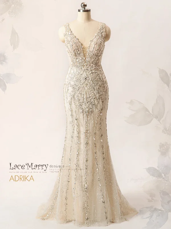 ADRIKA / Fit and Flare Embellished Wedding Dress with Plunge Neck