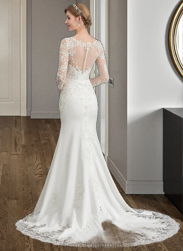 Destiny Trumpet/Mermaid Illusion Chapel Train Stretch Crepe Wedding Dress With Lace STIP0013740