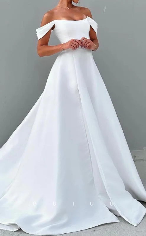 GW1031 - Simple & Casual A-Line Off Shoulder Sleeveless Stain Wedding Dress with Train