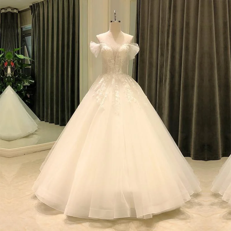 Elegant Lace Short Sleeve Crystal Bridal Wedding Gown Dresses for Bride