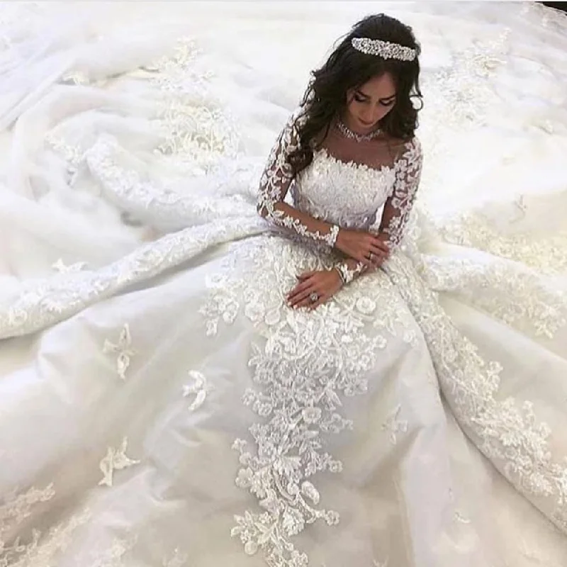 luxury wedding dresses 2020 long sleeve lace appliqué off white sparkly arabic wedding ball gown 2021