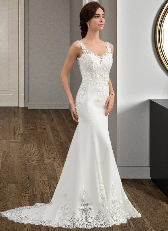 Nicola Trumpet/Mermaid V-neck Court Train Lace Stretch Crepe Wedding Dress With Sequins STIP0013738