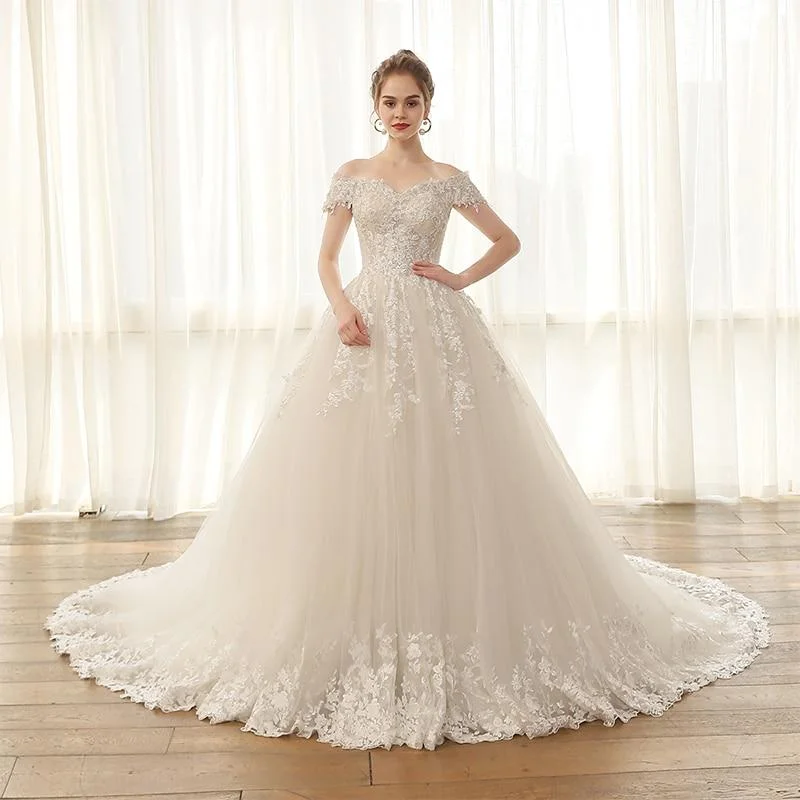 Princess Women's Lace Appliques Off Shoulder Ball Gown Wedding Dress