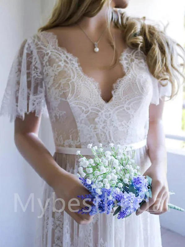 Sexy V-neck Cap-sleeves A-line Lace applique Wedding Dresses,WDY0310