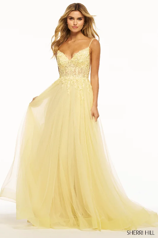 Sherri Hill 55998 V-Neck Neckline A-Line Tulle Evening Gown