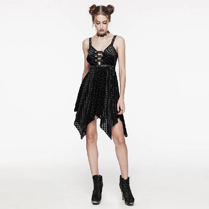 Women's Gothic Irregular Plunging Plaid Slip Wedding Dress Black