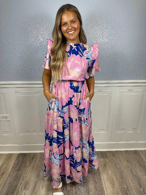 Navy & pink big floral print maxi