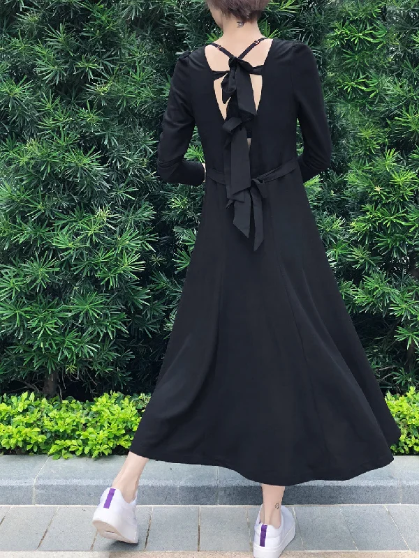 Final Sale! Classic Black Tie-Back Cotton Blend Maxi Dress