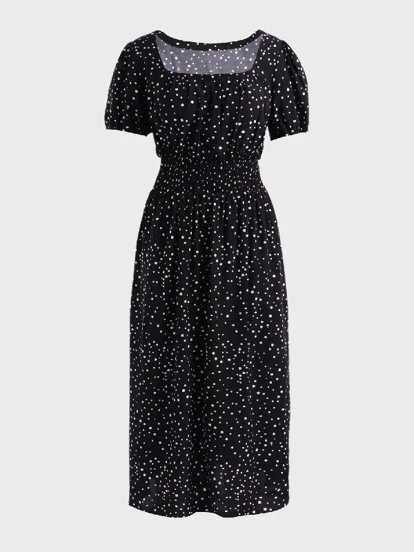 Midsize Square Neck Slimming Polka Dots Maxi Dress