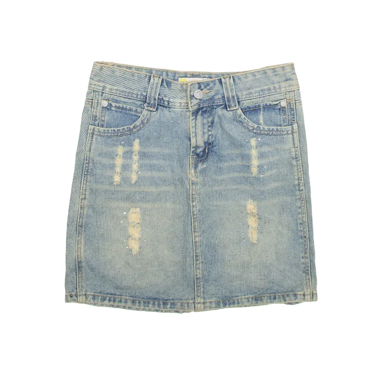 97MHZ Diamond Distressed Short Mini Skirt Blue Denim Womens M