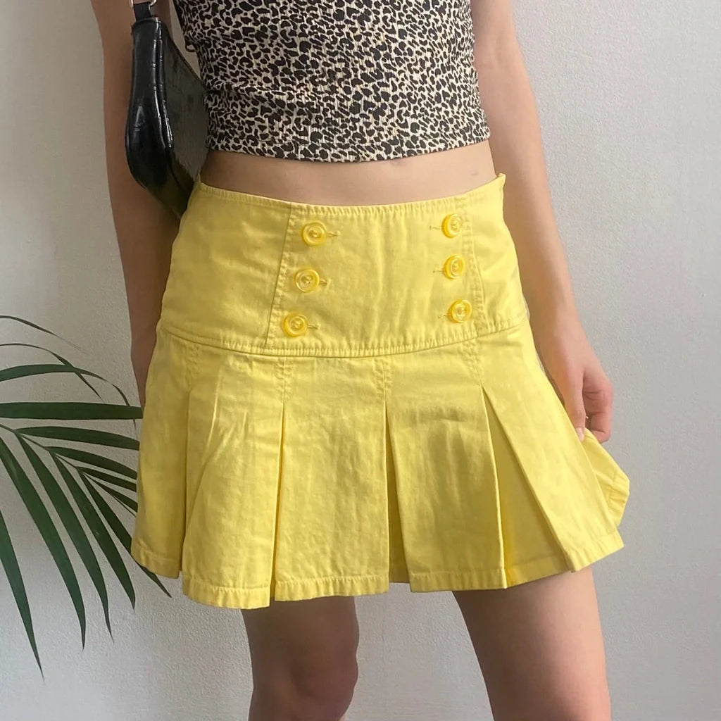 Benetton Mini Skirt - 28W UK 8 Yellow Cotton