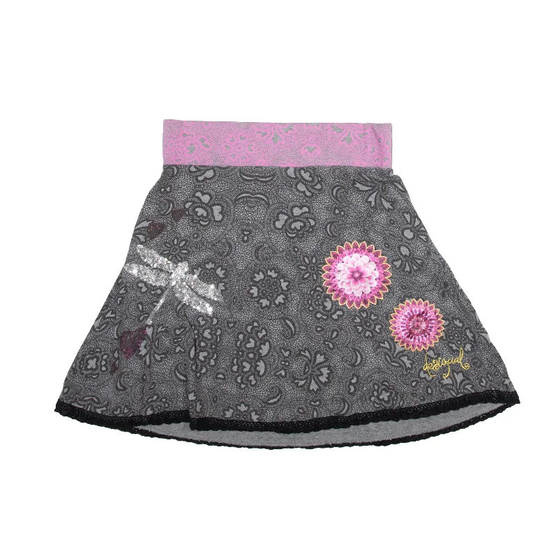 Dragon Fly Short Flare Skirt Grey Floral Womens UK 10