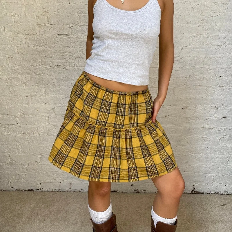 Unbranded Checked Mini Skirt - XL Yellow Cotton Blend