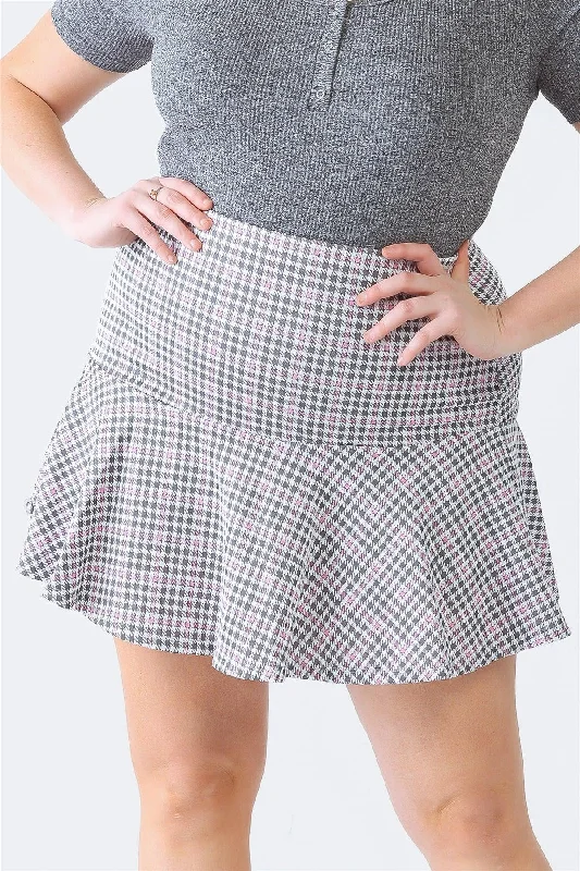 Plus Size Pink Plaid High Waist Flare Hem Mini Skirt