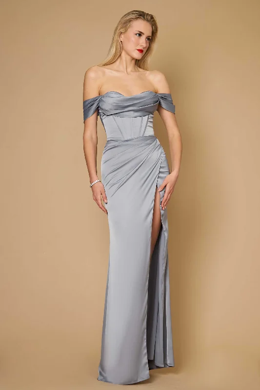 Dylan & Davids Long Formal Corset Satin Evening Dress Silver