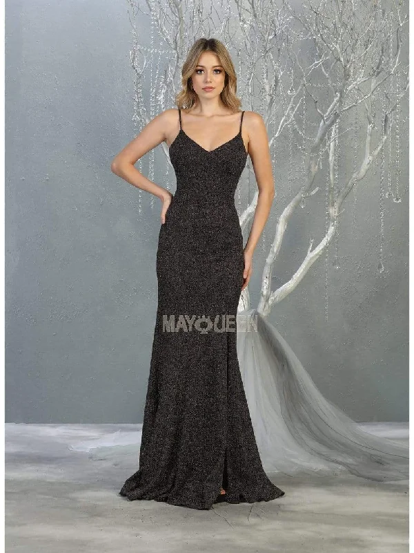 May Queen - MQ1822 Deep V-neck Trumpet Dress With Train