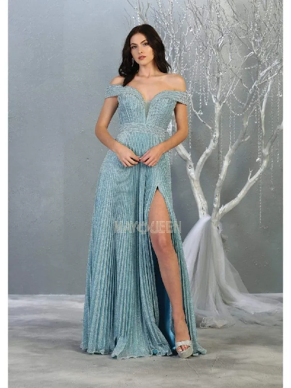 May Queen - RQ7876 Off-Shoulder Pleated A-Line Dress