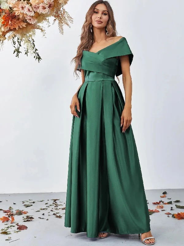 Off Shoulder Fold Pleated Detail Satin A Line Dress Sexy unclassified dresses