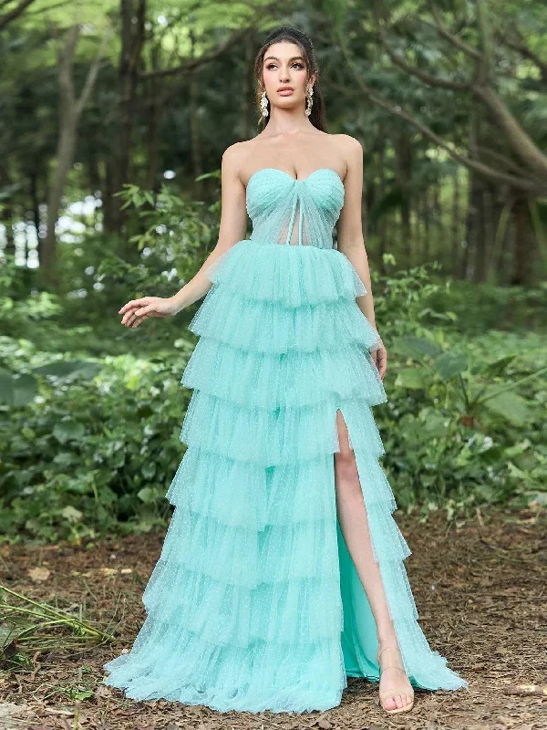 Elegant Ruched Bustier Split Ruffle Layered Hem Prom Tube Dress