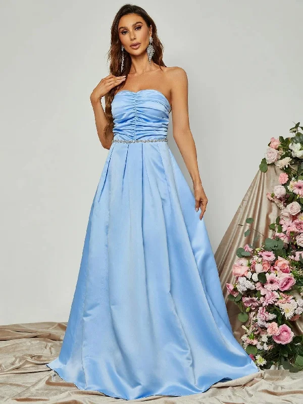 Elegant Ruched Front Satin A Line Tube Dress Sleeveless unclassified dresses