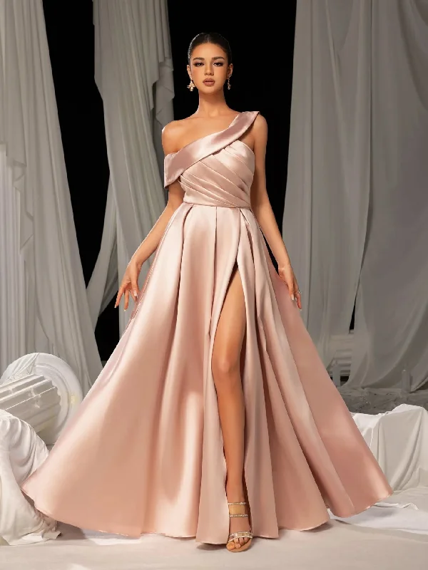 Elegant Sloping Neck Split A-line Satin Formal Prom Dress Fall unclassified dresses