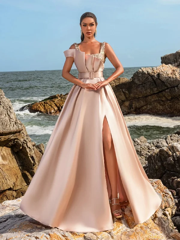 Elegant Square Collar Buckle Belted Split Satin Prom Dress Spring unclassified dresses Elegant Square Collar Buckle Belted Split Satin Prom Dress Spring unclassified dresses