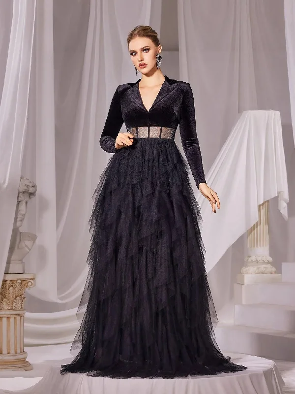 Elegant Velvet Bodice Contrast Mesh Hem Formal Dress Wrap unclassified dresses