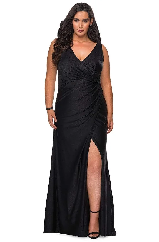 La Femme - 29024 Ruched V-neck Jersey Fitted Dress