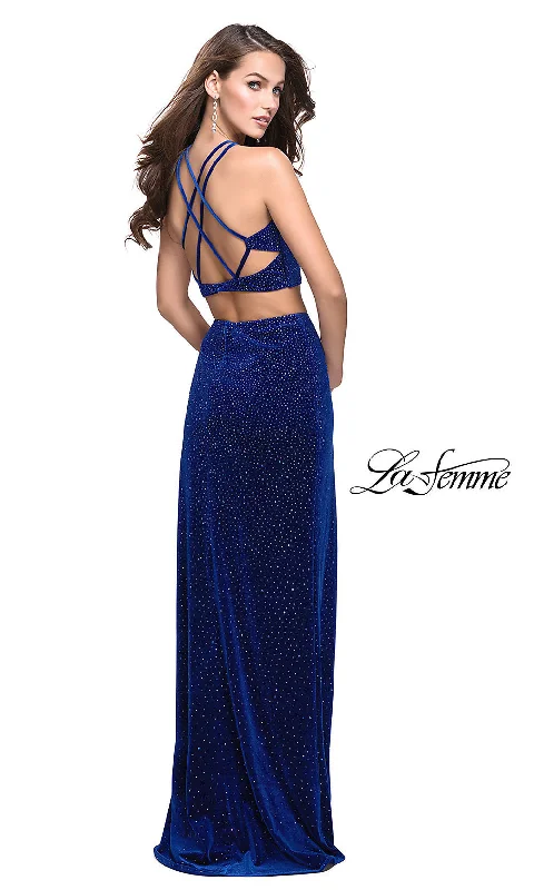 Open-Back Two-Piece Beaded Velvet Prom Dress