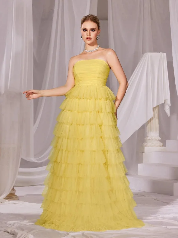 Ruched Bustier Mesh Layered Hem Tube Cake Dress Preppy unclassified dresses