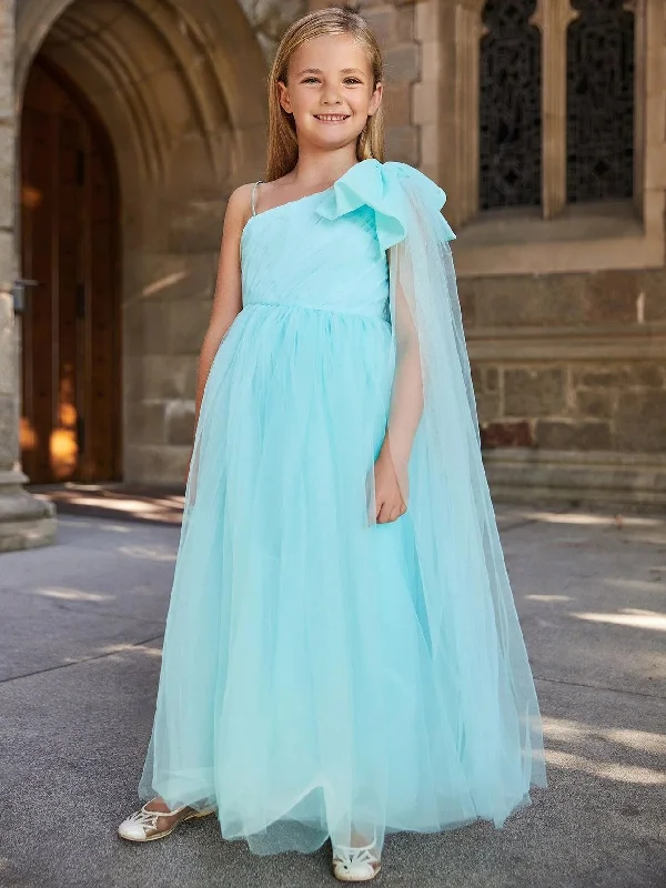 Tween Girls' One Shoulder Draped Side Mesh A Line Dress With Bow Smocked unclassified dresses Tween Girls' One Shoulder Draped Side Mesh A Line Dress With Bow Smocked unclassified dresses