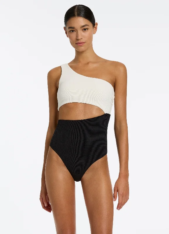 Versa Rib One Shoulder One Piece - Black/Cream