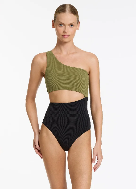 Versa Rib One Shoulder One Piece - Black/Moss