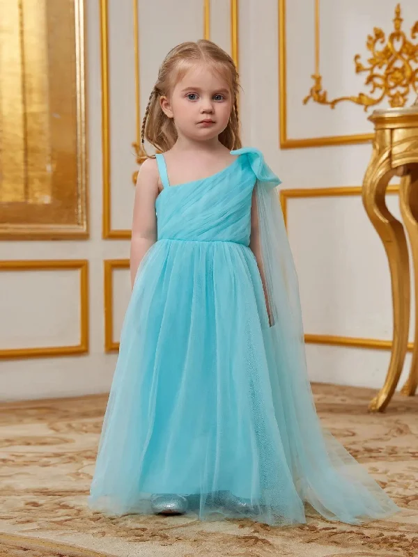 Young Girls' One Shoulder Draped Side Mesh A Line Dress With Bow Boho unclassified dresses Young Girls' One Shoulder Draped Side Mesh A Line Dress With Bow Boho unclassified dresses