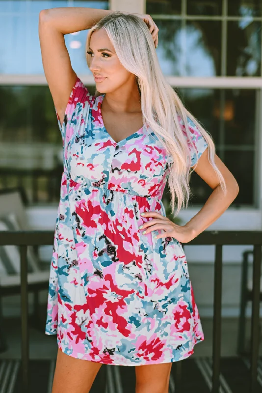 Fiery Red V Neck Short Sleeve Floral Dress