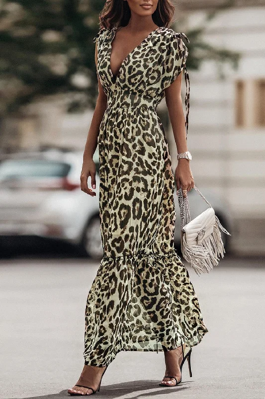 Elite Appeal: Leopard Print Drawstring V-Neck High Waist Long Dress