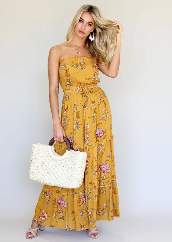 Lucina Strapless Dress - Mustard Floral