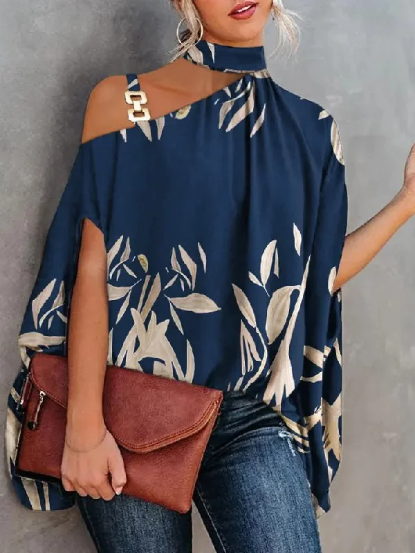 Halter Neck Off Shoulder Doll Sleeve Print Blouse