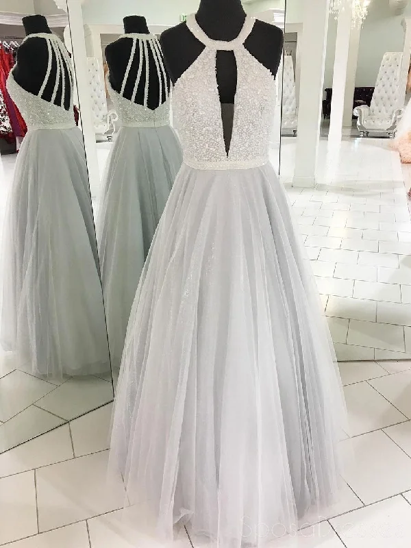 2018 Cheap Elegant Fashion Sexy Halter Tulle Beaded A line Custom Grey Long Evening Prom Dresses, 17359 Full Tulle Dress