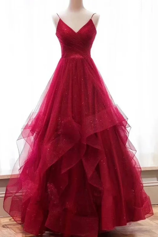 2024 A Line Red Sweetheart Tulle Layered Long Prom Dresses Tulle Dress Flow