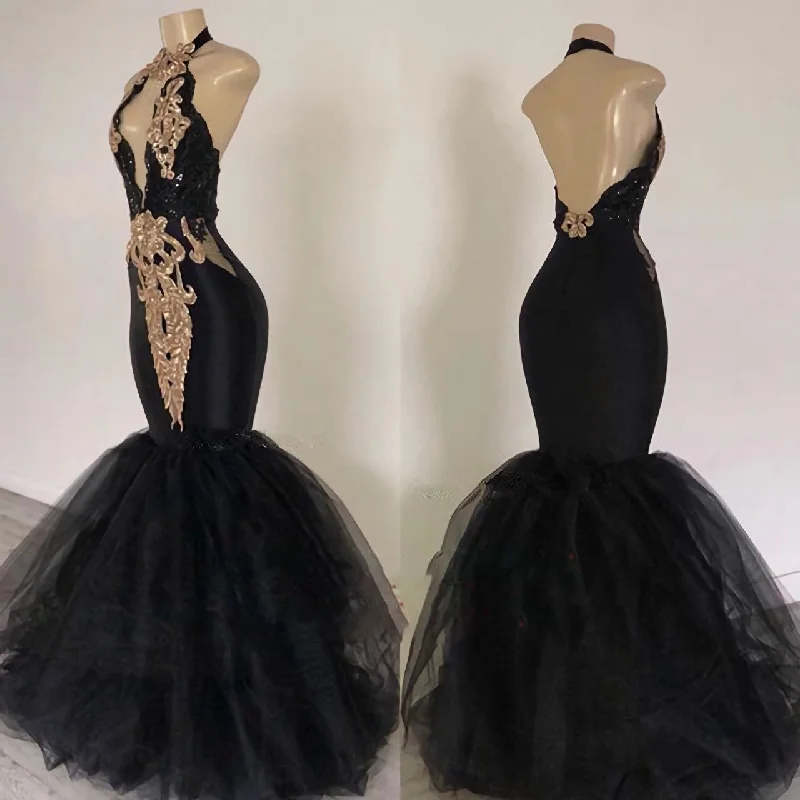 2024 Sexy Prom Dresses, Black Mermaid Tulle With Gold Appliques V Neck Backless Tulle Dress Simple