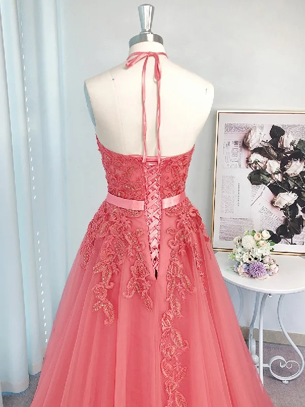 A-line Halter Appliques Lace Sweep Train Tulle Dress Tulle Evening Gown