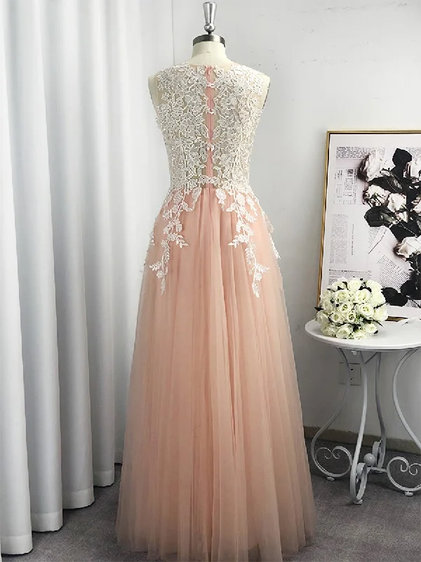 A-line Scoop Appliques Lace Floor-Length Tulle Dress Short Tulle Dress