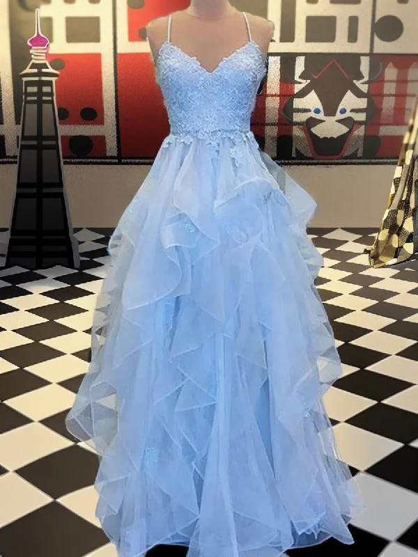 A-line Spaghetti Straps Ruffles Floor-Length Tulle Dress Tulle Wedding Gown