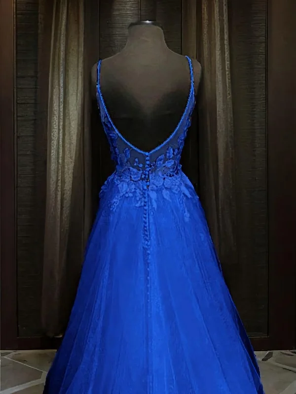 A-line V-neck Appliques Lace Sweep Train Tulle Dress Tulle Dress Glamour